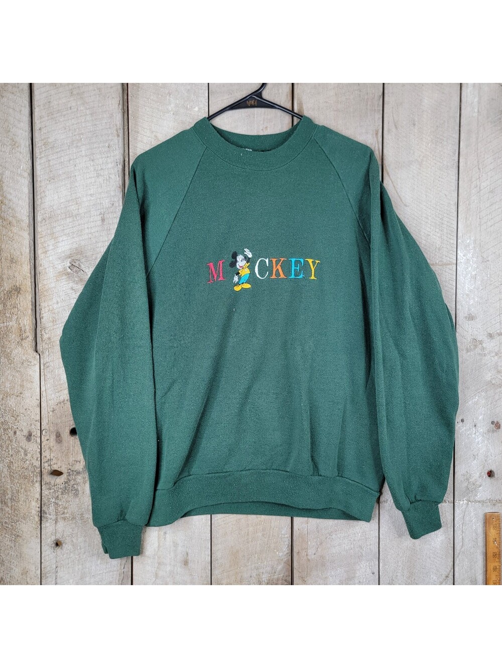 Vintage Mickey Mouse Green Sweatshirt Jerzees USA Made Embroidered Graphic L